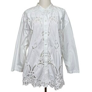 Lim's Vintage White Eyelet Lace Button Up Shirt Women 1X Cottage Boho Coastal